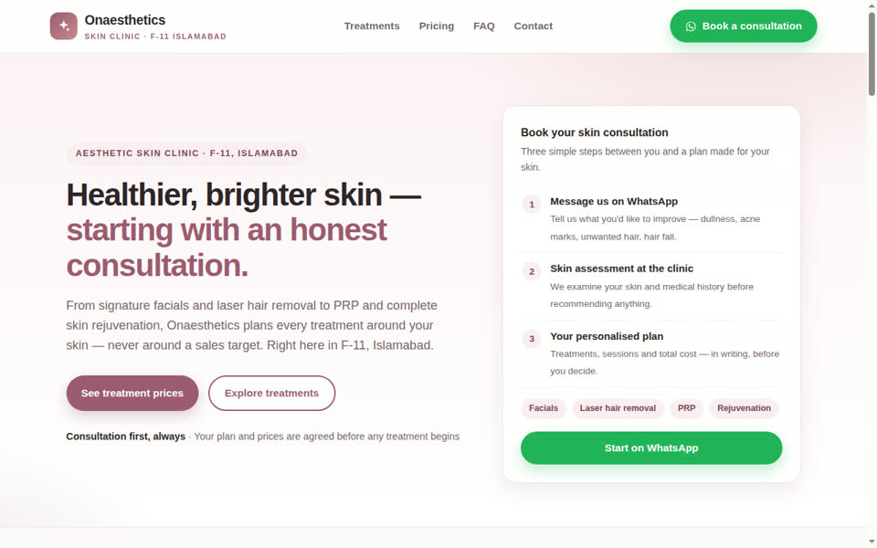 Onaesthetics Skin Clinic — demo website homepage